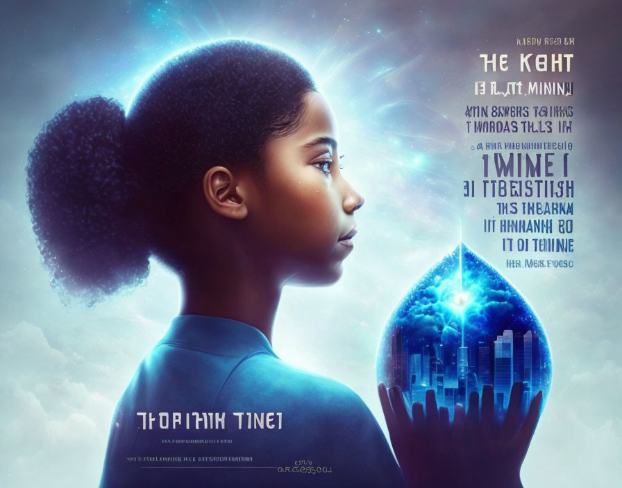 Young girl holding glowing earth in profile view with celestial background