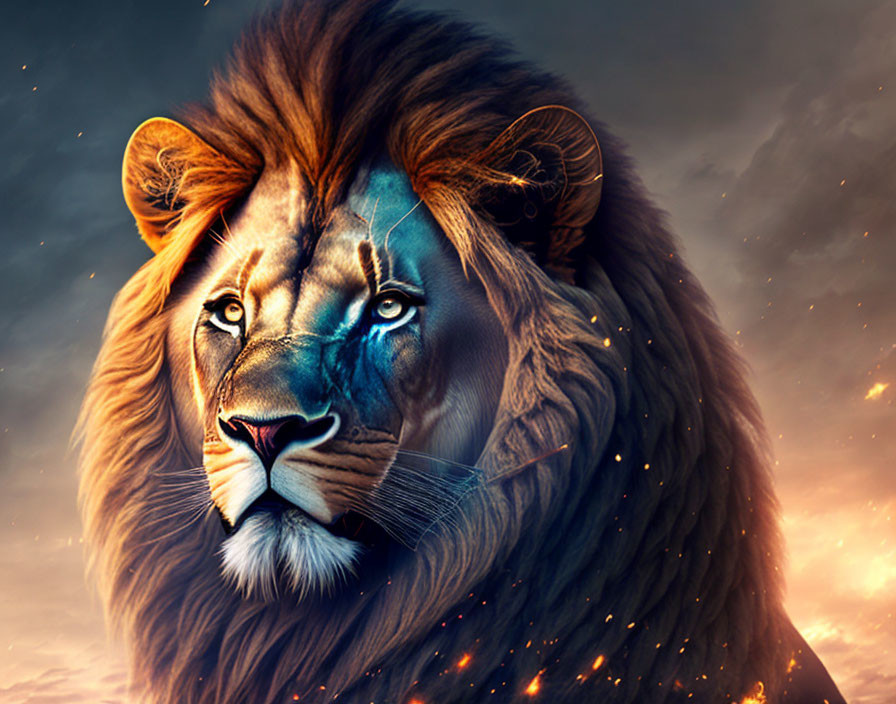 Majestic Lion with Vibrant Mane on Celestial Background