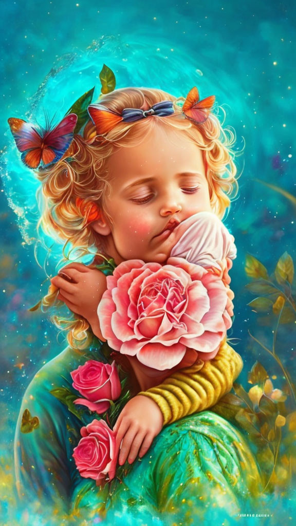 Sleeping child with curly hair in pink rose garden on turquoise background