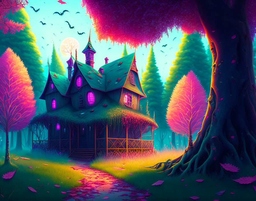 Colorful, mystical forest illustration with eerie house under moonlit sky