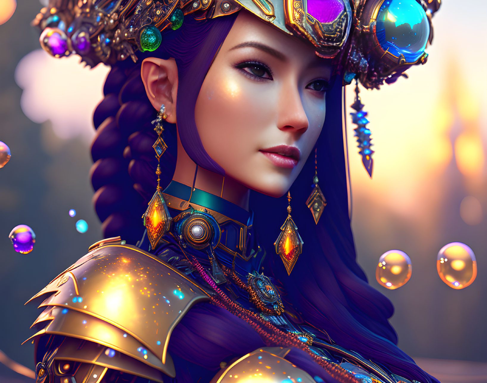 Female character in golden armor and headdress on glowing background