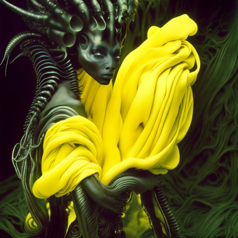 Exotic dark-skinned creature with horn-like structures and vibrant fabric on green background