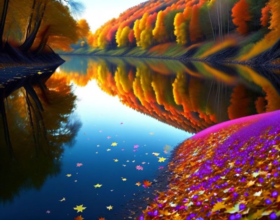 Colorful autumn trees and river with fallen leaves in serene landscape