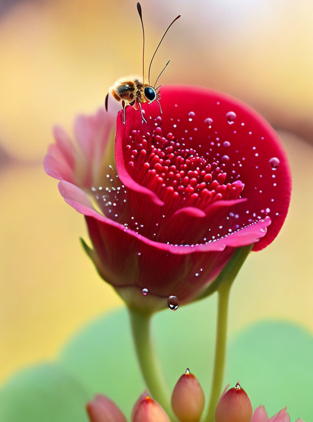 Bee on vibrant red flower with dewdrops against soft-focus background