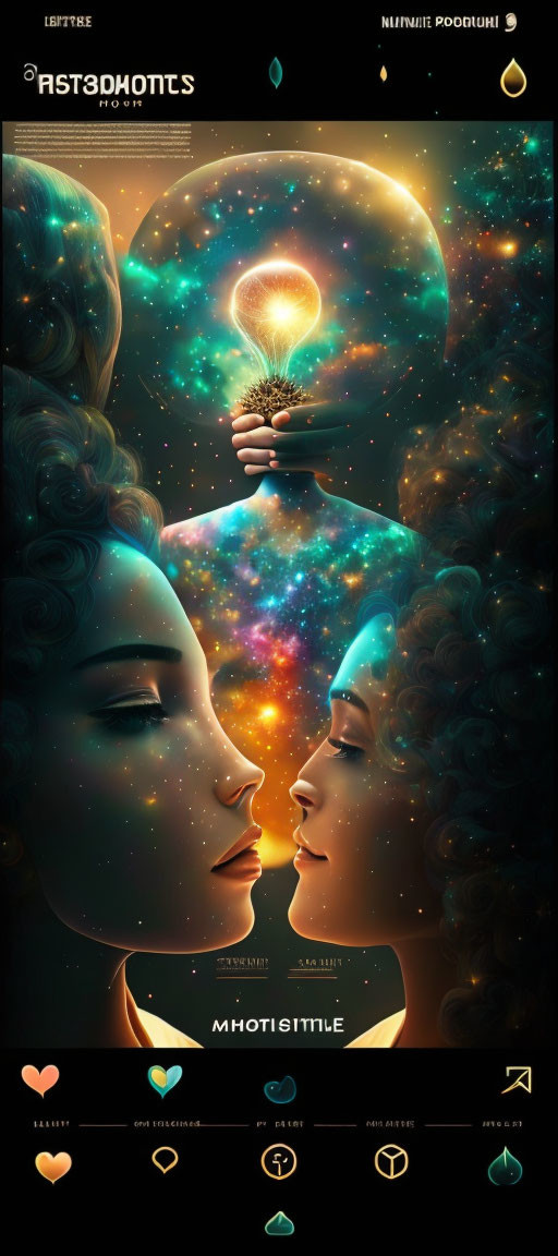 Surreal digital artwork: Two faces, cosmic backdrop, lit bulb symbolizing deep connection.