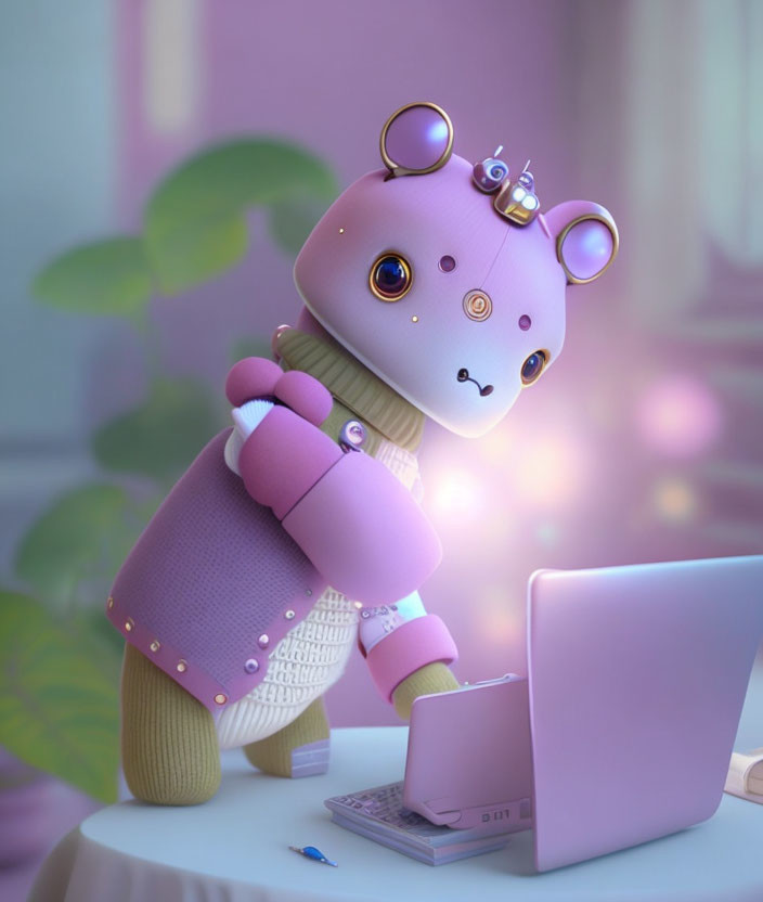 Stylized 3D animated robot bear in pink and white knit sweater on laptop screen