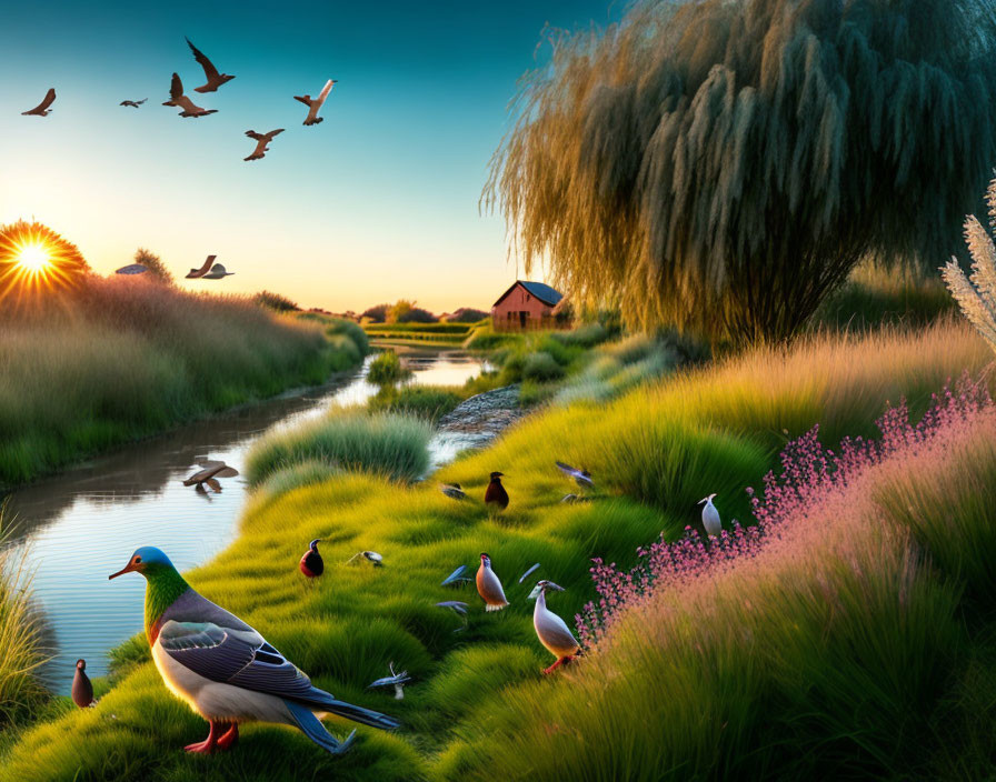 Tranquil sunrise scene with river, birds, ducks, greenery, and red-roofed