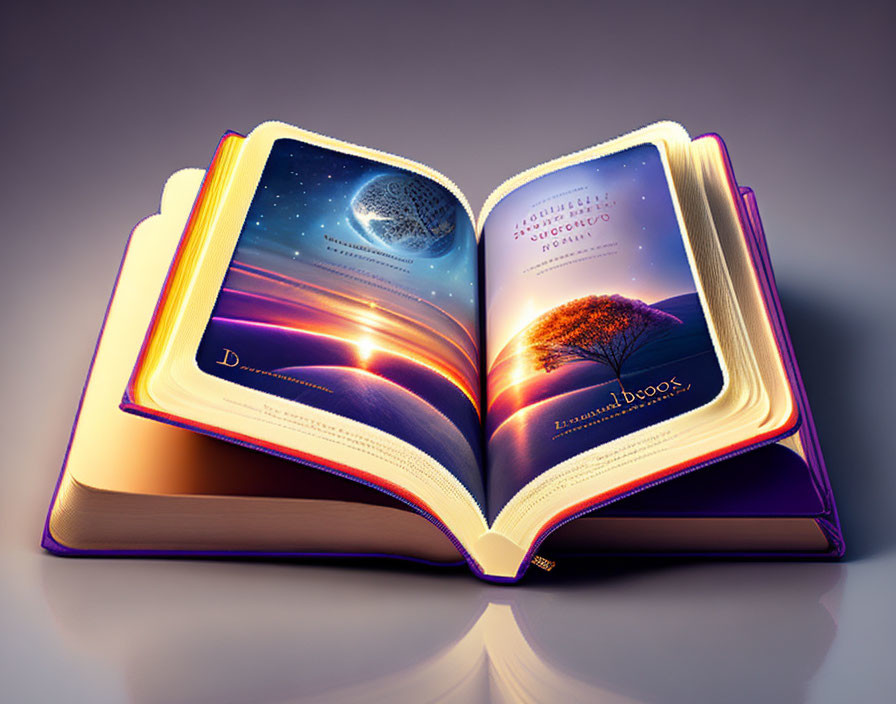 Illustrated Book: Moonlit Sky and Sunset Landscape Pages