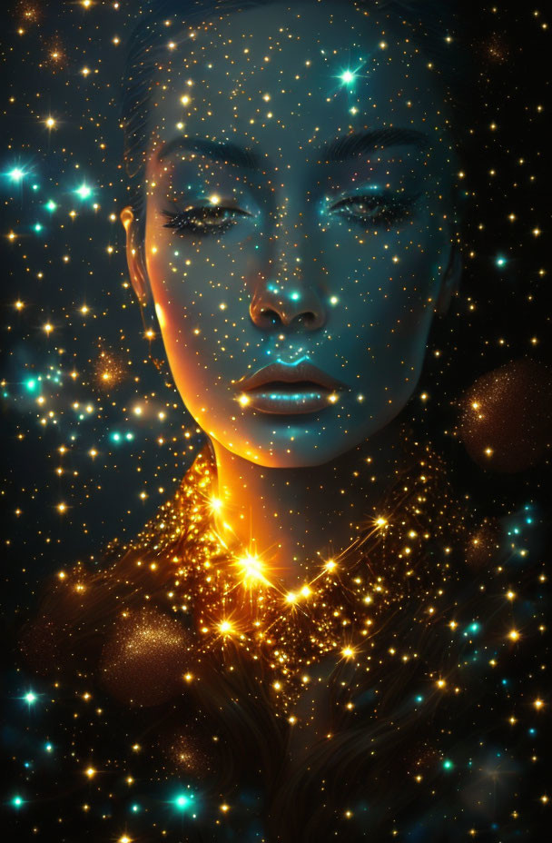 Digital portrait of woman's face with sparkling stars and golden lights.