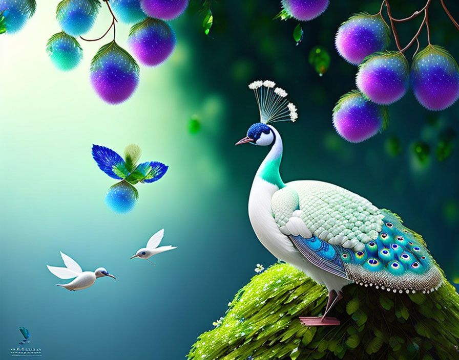 Colorful digital artwork: Stylized peacock with intricate patterns on feathers, surrounded by floating orbs