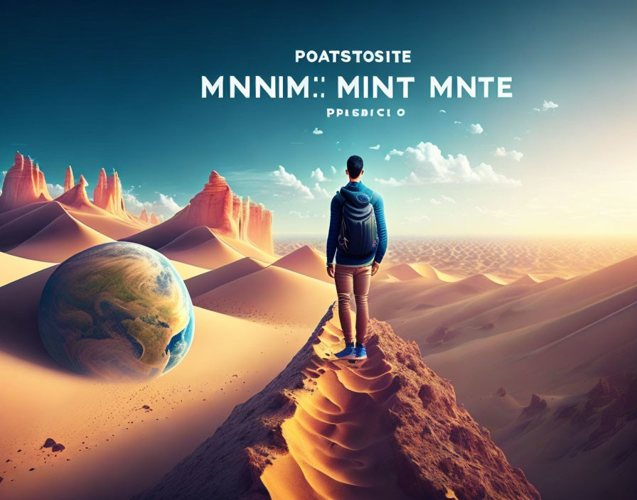 Person standing on desert dune gazes at surreal landscape with rock formations, hovering planet, and sky