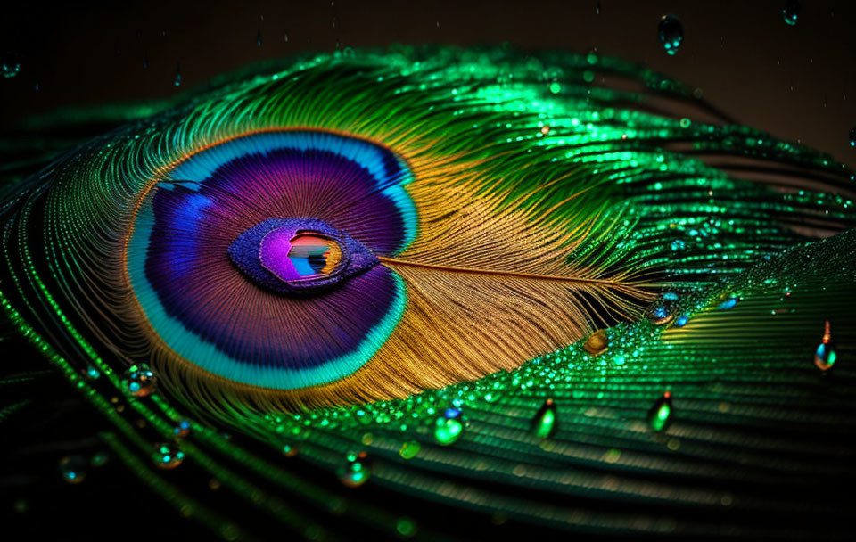 Colorful Peacock Feather with Water Droplets on Dark Background