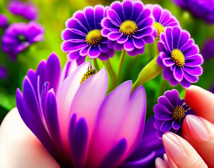 Purple Flowers with Yellow Centers and Human Hand on Lush Green Background