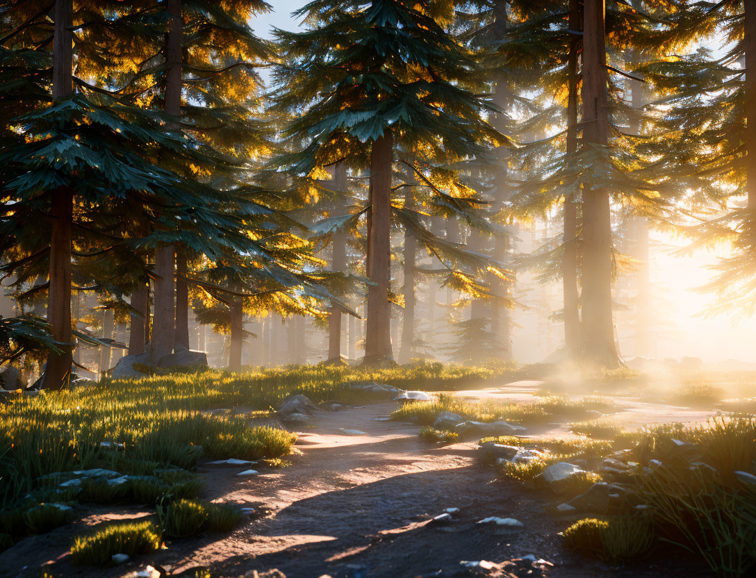 Tranquil forest scene: tall trees, winding path, golden sunlight.