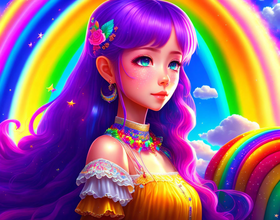 Colorful illustration of a girl with purple hair and sparkling eyes in yellow top, surrounded by rainbows