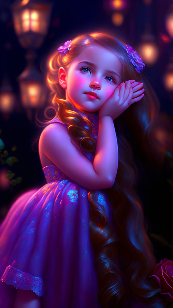 Young girl in blue dress gazes dreamily in night ambiance with glowing lanterns