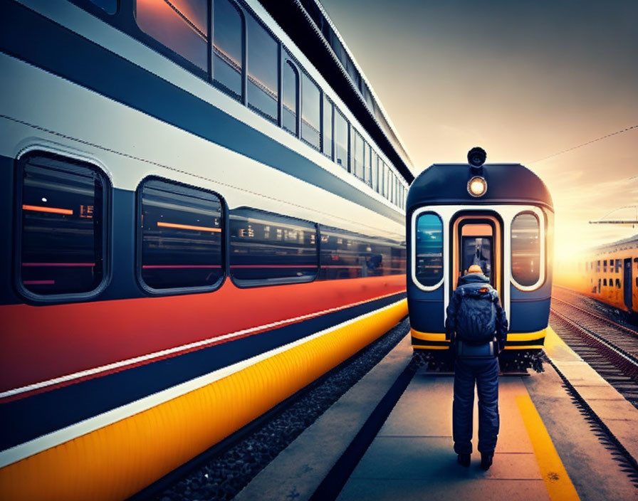 Person with backpack between two trains at vibrant sunrise or sunset