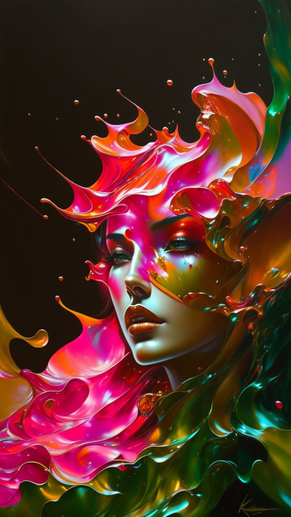 Colorful digital artwork: Woman's face dissolves into vibrant swirls