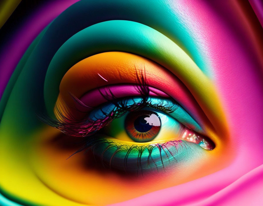 Close-up of vibrant, colorful human eye with swirling psychedelic hues