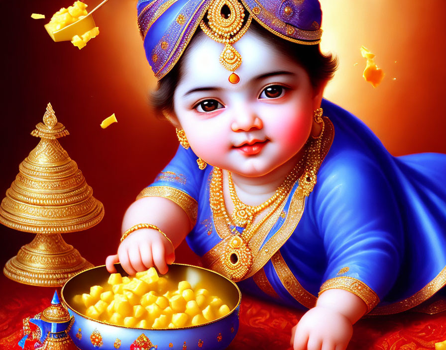 Baby Krishna illustration in traditional attire with golden butter pot on warm background