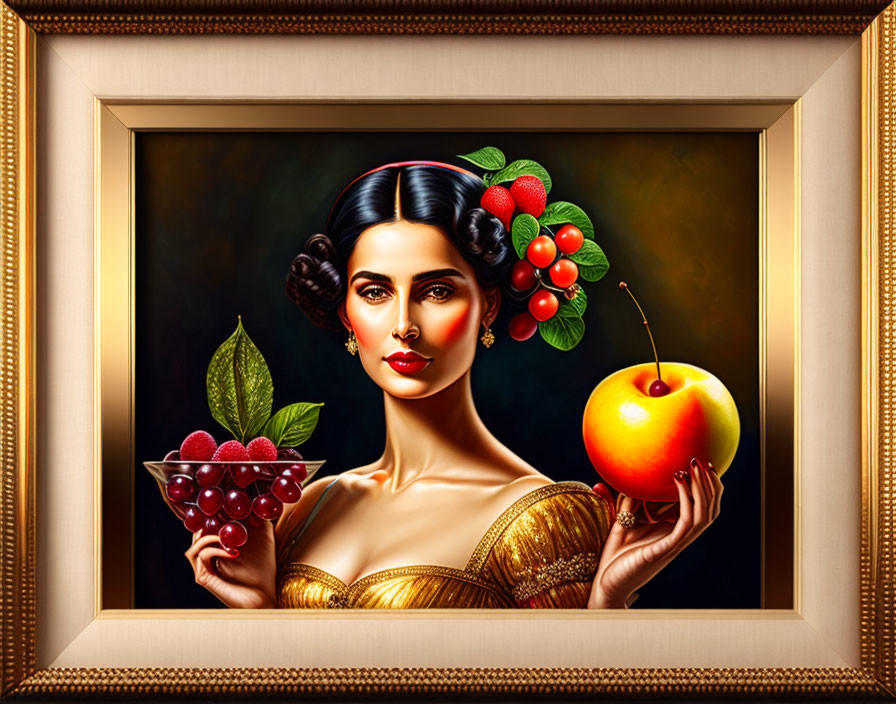 Vintage Style Illustration: Woman with Dark Hair Holding Ripe Fruit in Exquisite Frame