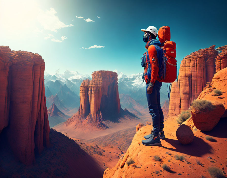 Hiker with orange backpack admiring red rock formations