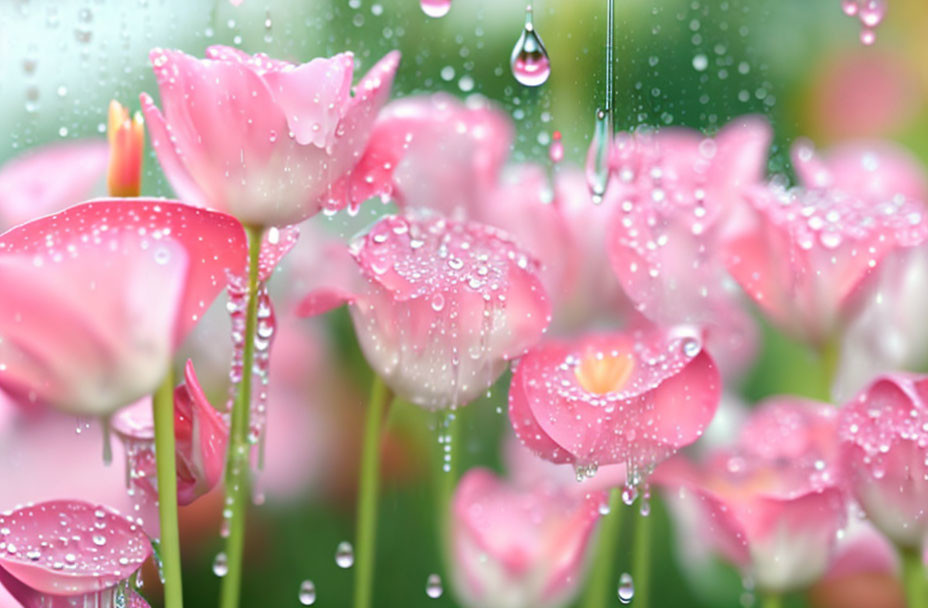 Fresh Pink Tulips with Water Droplets in Spring