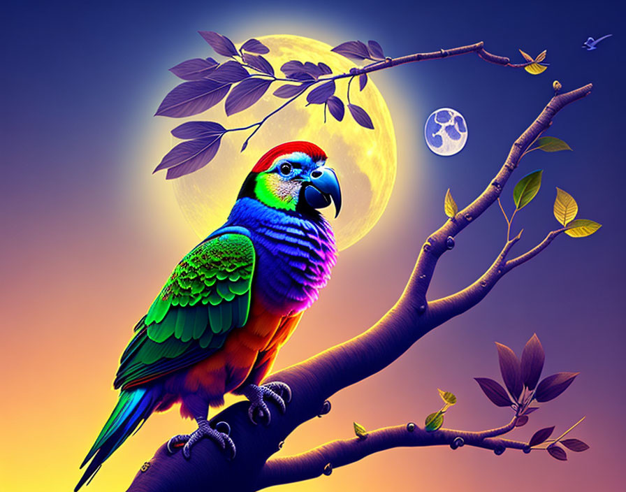 Colorful Parrot Perched on Branch with Full Moon and Twilight Sky