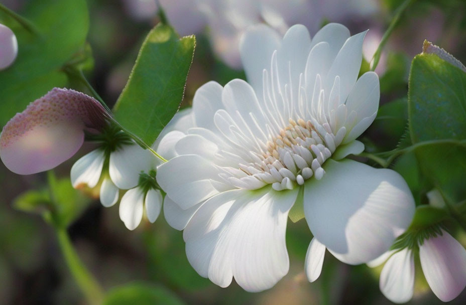 Delicate white flower with yellow stamens and green leaves