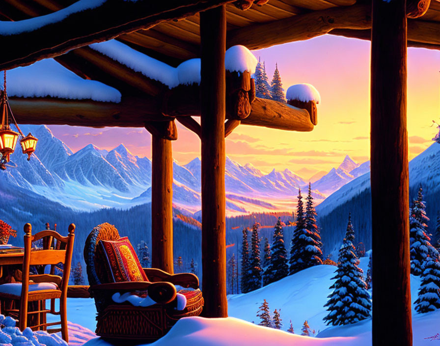 Snowy Mountain Cabin Porch at Sunset with Cozy Decor