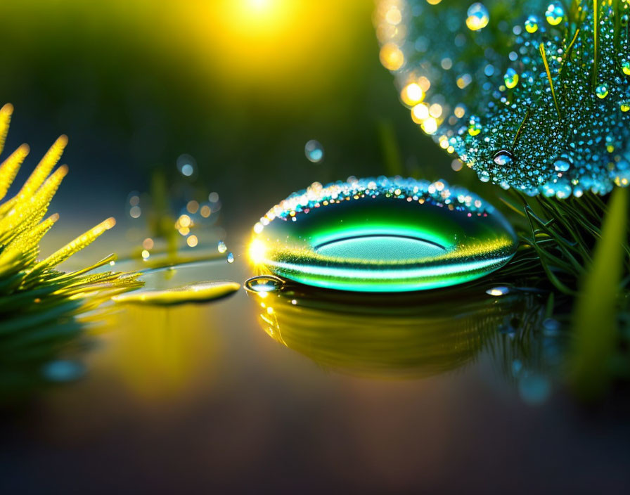 Iridescent dew droplet on leaf with sunlight and greenery