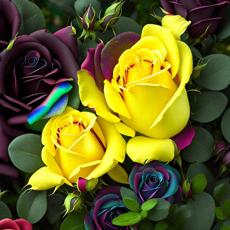 Colorful Rose Bouquet with Yellow and Rainbow Roses