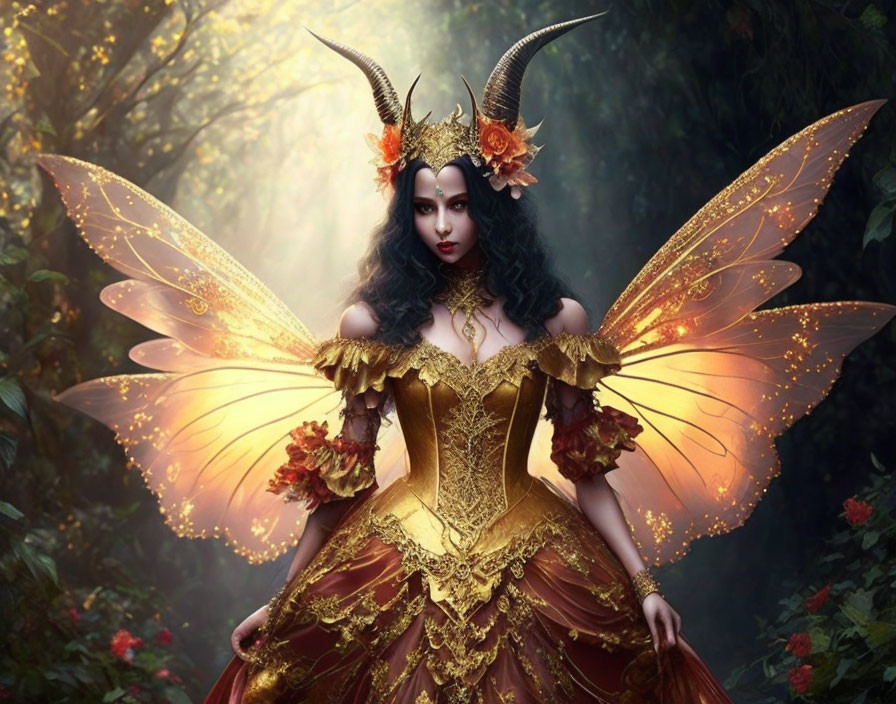 Golden-winged figure with horns in ornate attire in enchanted forest