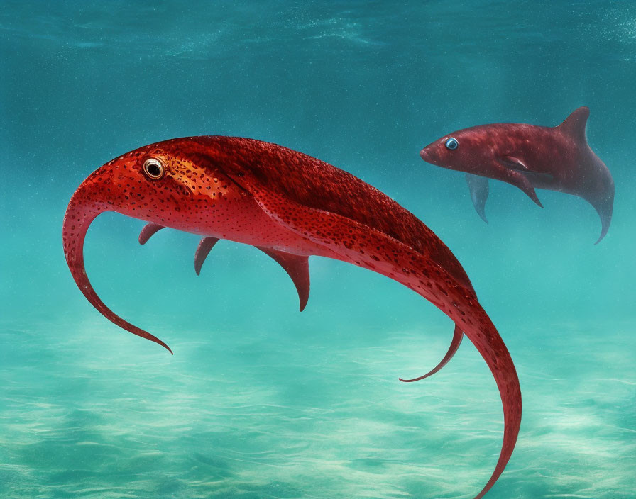 Red squids with elongated bodies and tentacles in blue-green ocean.