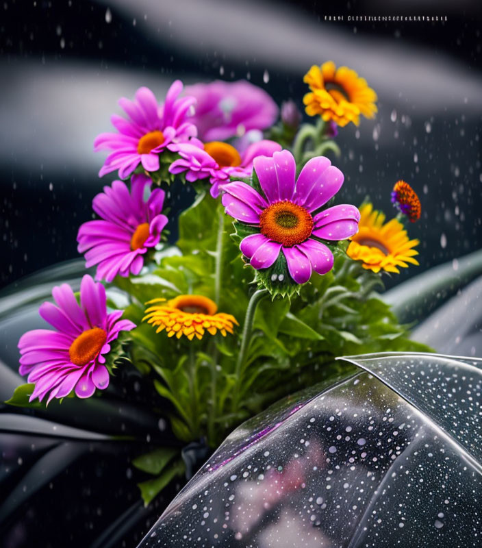 Colorful Rainy Day Floral Scene: Purple and Yellow Flowers with Raindrops under Clear Umbrella