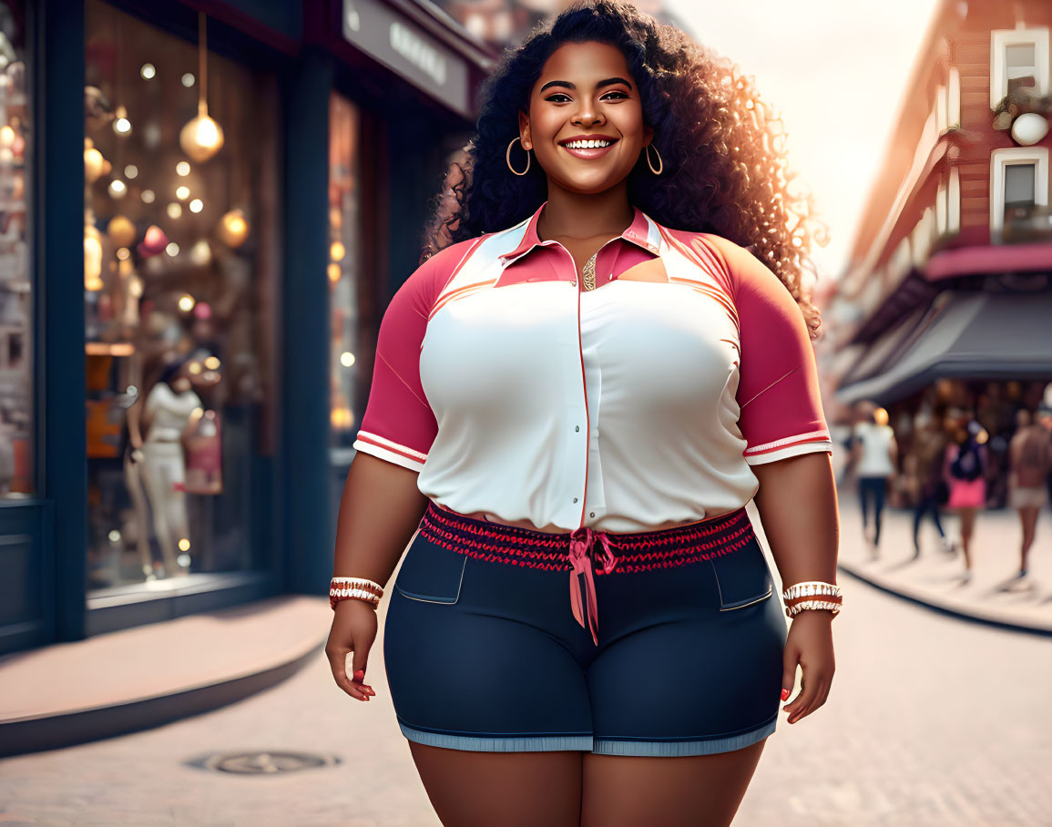 Smiling plus-size woman in sporty attire walking on city street