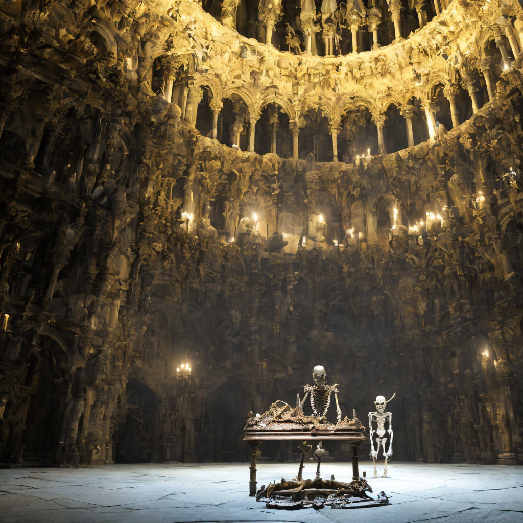 Skeleton king on throne in ornate hall with chandeliers