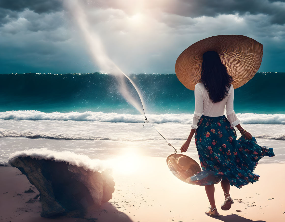 Woman in large hat walks on beach with bright light object at sunset