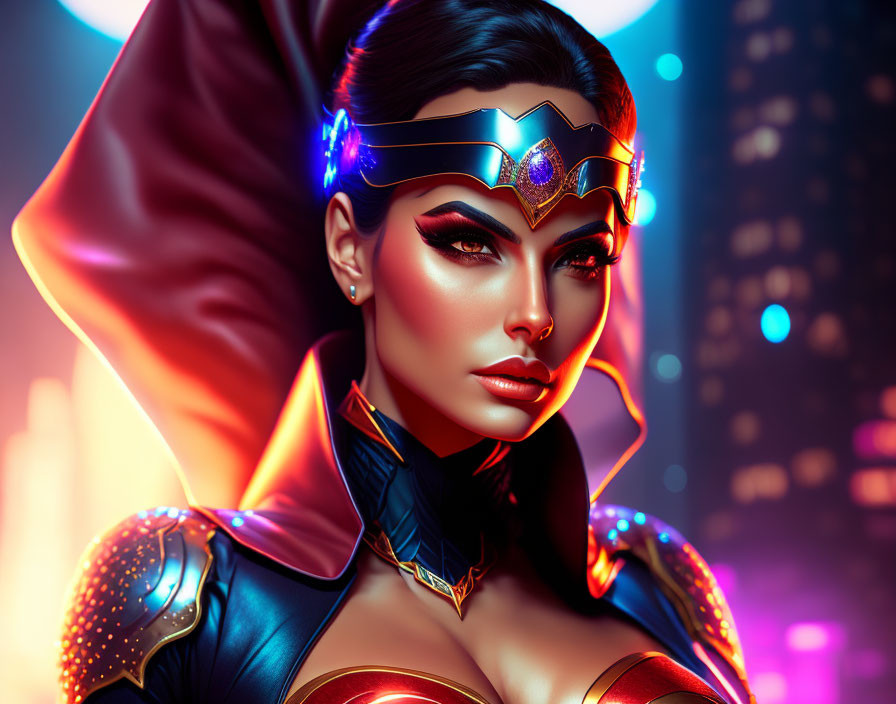 Heroic woman in tiara and futuristic armor with neon lights and cityscape.