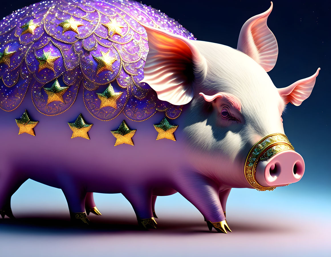 Stylized pig illustration with purple blanket and golden accents