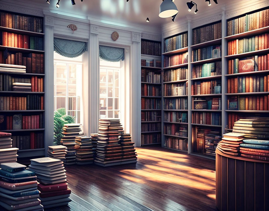 Sunlit Cozy Library Room with Wooden Bookshelves and Books