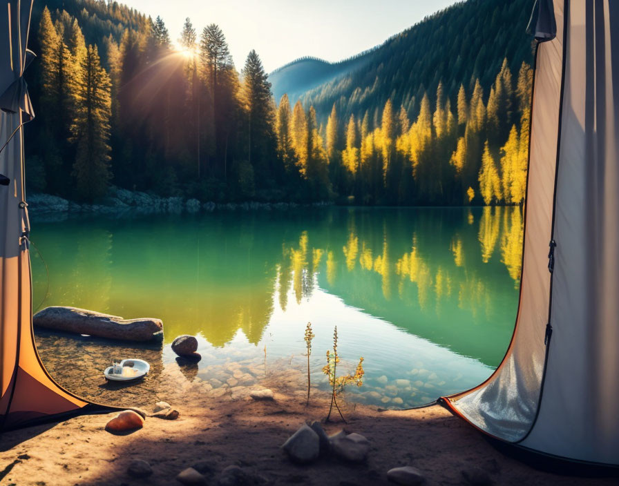 Tranquil Lake View from Tent in Forest at Sunrise or Sunset