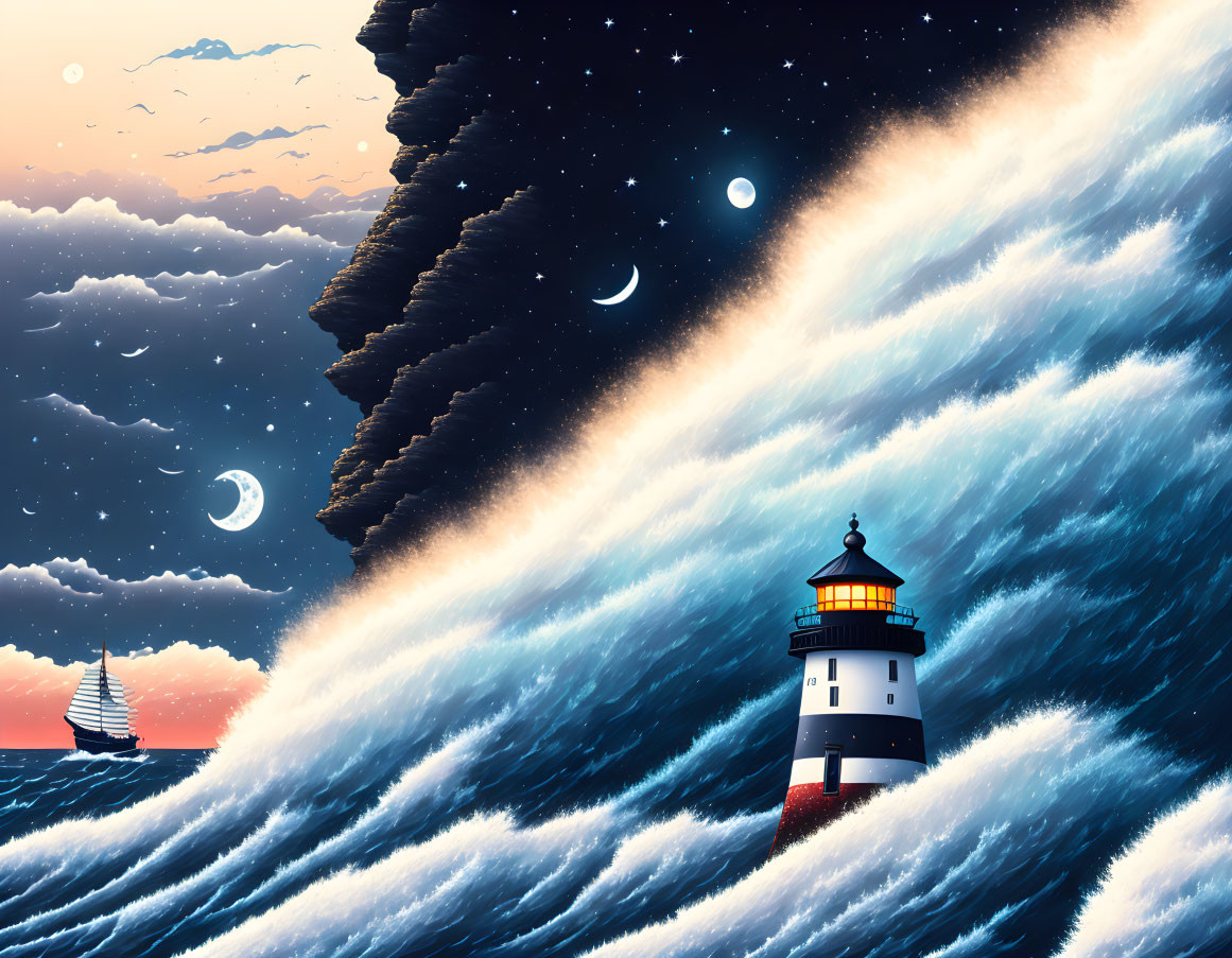 Lighthouse against night sky with stars, crescent moon, and sailboat