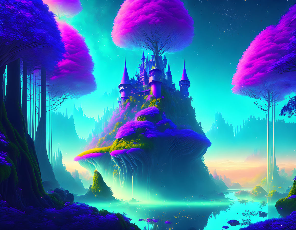 Fantasy landscape: castle on floating island, pink luminescent trees, blue lake