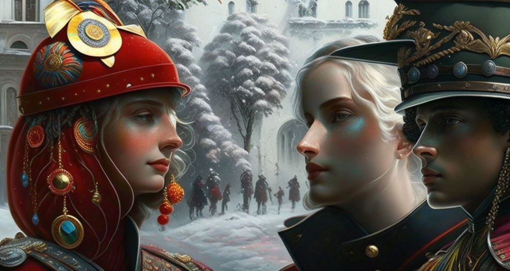 Elaborately Dressed Characters in Red and Military Caps Against Snowy Background