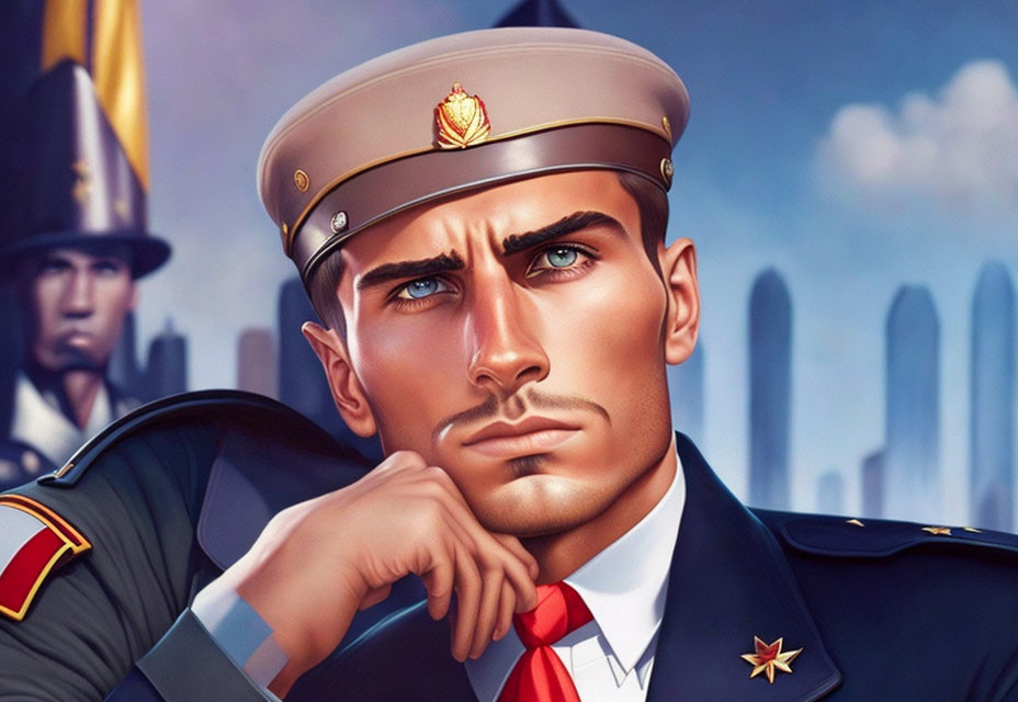 Stern Male Military Officer with Cap in Cityscape Scene