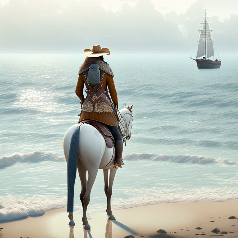 Cowboy in armor on white horse observes tall ship at sea in foggy beach scene