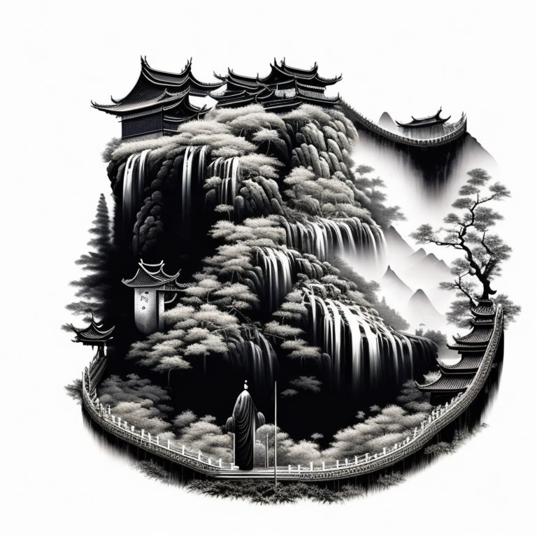 Circular Monochromatic Artwork: Traditional Asian Landscape with Temples, Waterfalls, Pine Trees,