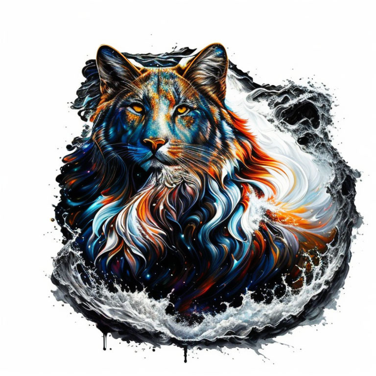 Vibrant cat art with wavy fur patterns on black and white background