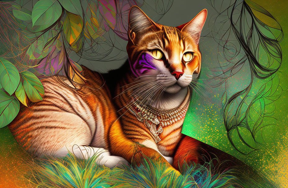 Colorful Cat Illustration with Orange Fur and Jewelry on Fantasy Background